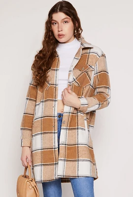 Womens Spoon Jeans Brushed Knit Plaid Long Shacket, Beige,