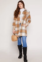 Womens Spoon Jeans Brushed Knit Plaid Long Shacket, Beige,