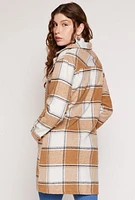 Womens Spoon Jeans Brushed Knit Plaid Long Shacket, Beige,