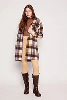 Womens Spoon Jeans Brushed Knit Plaid Long Shacket, Brown,