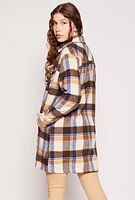 Womens Spoon Jeans Brushed Knit Plaid Long Shacket, Brown,