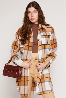 Womens Spoon Jeans Plaid Brushed Knit Long Shacket, M