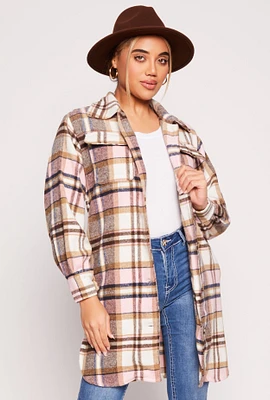 Womens Spoon Jeans Plaid Brushed Knit Long Shacket, Multi, Size S