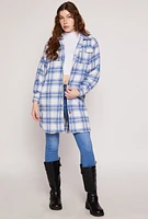 Womens Spoon Jeans Plaid Brushed Knit Long Shacket,