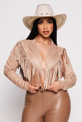 Womens Faux Suede Rhinestone Fringe Cropped Jacket,