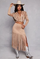 Womens Faux Suede Rhinestone Fringe Cropped Jacket,