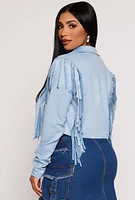 Womens Faux Suede Rhinestone Fringe Cropped Jacket, Blue, Size L