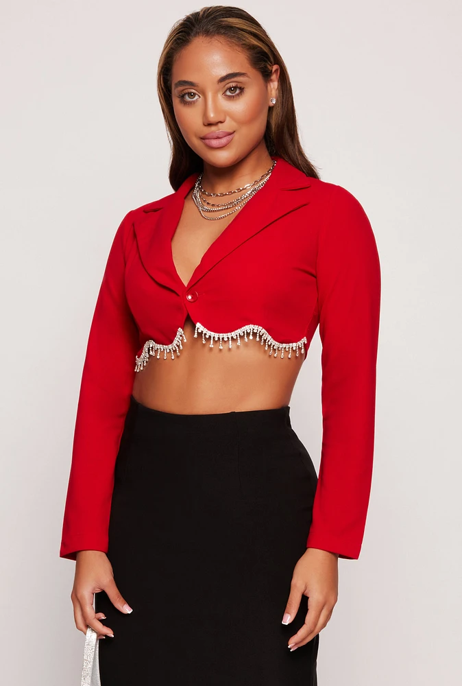 Womens Rhinestone Fringe Trim Cropped Blazer, Red, Size S