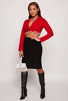 Womens Rhinestone Fringe Trim Cropped Blazer, Red, Size S