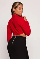 Womens Rhinestone Fringe Trim Cropped Blazer, Red, Size S