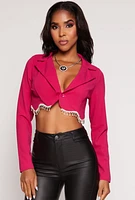 Womens Rhinestone Fringe Trim Cropped Blazer, Pink, Size S