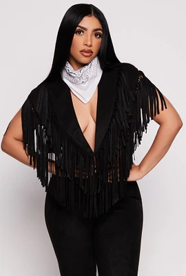 Womens Faux Suede Fringe Bolero Vest, Black, Size S-M