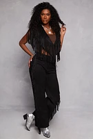 Womens Faux Suede Fringe Bolero Vest, Black, Size S-M