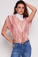 Womens Faux Suede Fringe Bolero Vest, Pink, Size L-XL