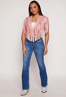 Womens Faux Suede Fringe Bolero Vest, Pink, Size L-XL