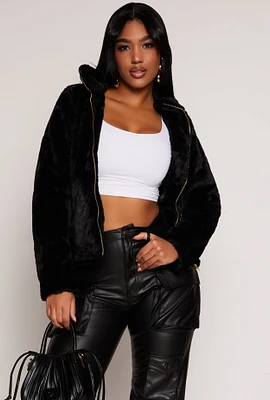 Womens Mock Neck Faux Fur Jacket,