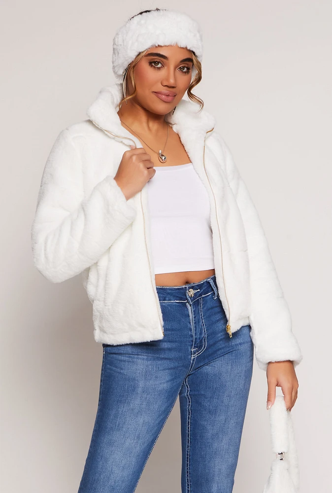 Womens Mock Neck Faux Fur Jacket, White, Size M