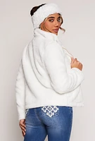 Womens Mock Neck Faux Fur Jacket, White, Size M