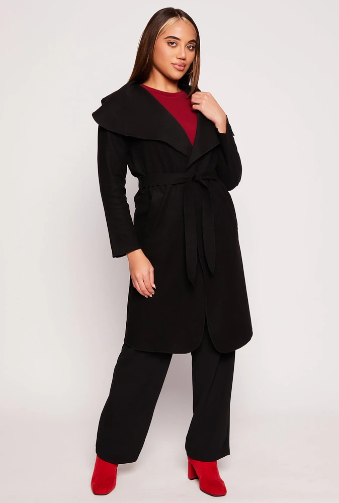 Womens Waterfall Collar Wrap Coat, Black, Size M