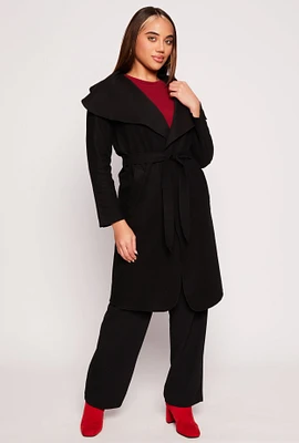 Womens Waterfall Collar Wrap Coat, Black, Size M