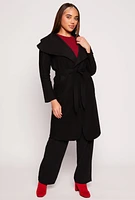 Womens Waterfall Collar Wrap Coat, Black, Size M