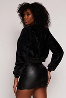 Womens Faux Fur Zip Front Bomber Jacket, Black, Size L