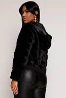 Womens Satin Lined Faux Fur Hooded Jacket, Black,