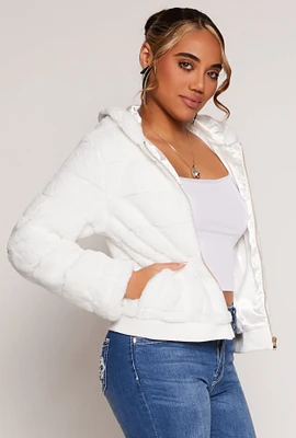 Womens Satin Lined Faux Fur Hooded Jacket, White,