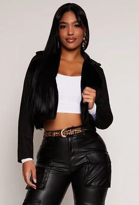Womens Faux Fur Trim Faux Suede Moto Jacket, Black, Size M