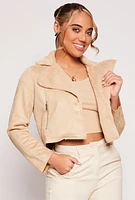 Womens Faux Fur Trim Faux Suede Moto Jacket, Beige, Size L