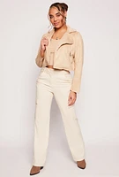 Womens Faux Fur Trim Faux Suede Moto Jacket, Beige, Size L