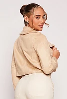 Womens Faux Fur Trim Faux Suede Moto Jacket, Beige, Size L