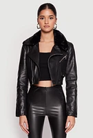 Womens Daisy Faux Fur Collar Faux Leather Jacket, Black, Size S