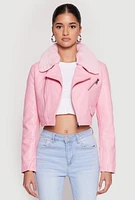 Womens Daisy Faux Fur Collar Faux Leather Jacket, Pink, Size M