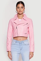 Womens Daisy Faux Fur Collar Faux Leather Jacket, Pink, Size M