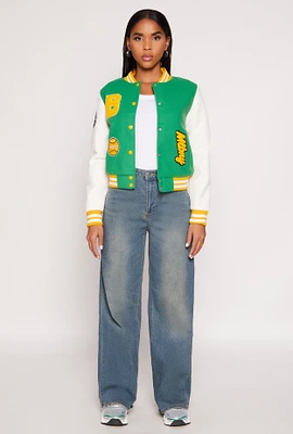 Womens Daisy B Initial Baseball Patch Varsity Jacket, Green, Size M