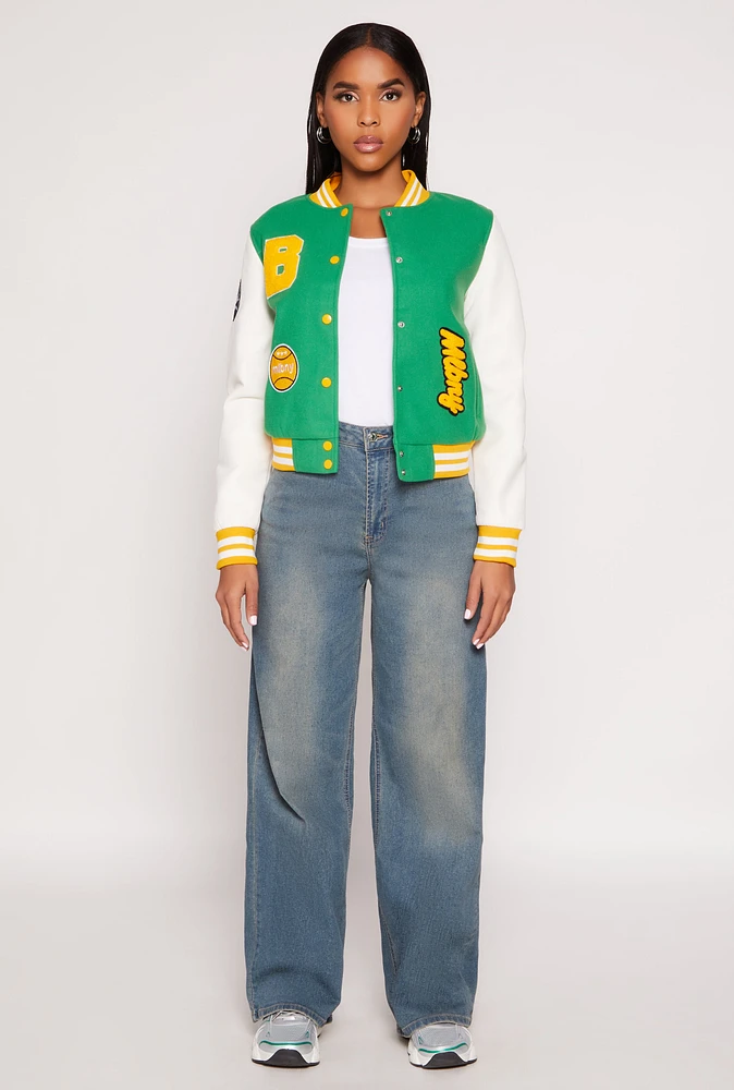 Womens Daisy B Initial Baseball Patch Varsity Jacket, Green, Size S