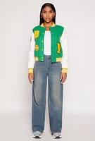 Womens Daisy B Initial Baseball Patch Varsity Jacket, Green, Size S