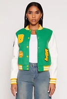 Womens Daisy B Initial Baseball Patch Varsity Jacket, Green, Size S