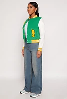 Womens Daisy B Initial Baseball Patch Varsity Jacket, Green, Size S