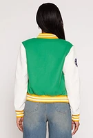 Womens Daisy B Initial Baseball Patch Varsity Jacket, Green, Size S