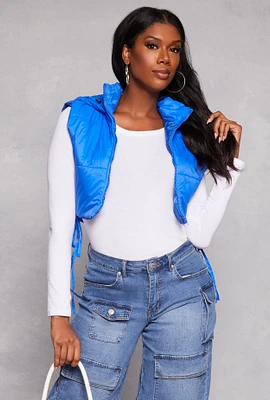 Womens Daisy Side Tie Cropped Puffer Vest, Blue, Size M