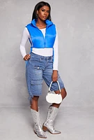 Womens Daisy Side Tie Cropped Puffer Vest, Blue, Size M