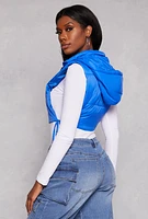 Womens Daisy Side Tie Cropped Puffer Vest, Blue, Size M