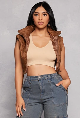 Womens Daisy Side Tie Cropped Puffer Vest, Brown, Size S