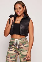 Womens Daisy Snap Button Zip Front Cropped Puffer Vest,