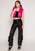 Womens Daisy Snap Button Zip Front Cropped Puffer Vest, Pink, Size M