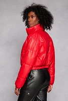 Womens Daisy Faux Leather Puffer Jacket, Red, Size M