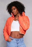 Womens Daisy Faux Leather Puffer Jacket, Orange, Size M