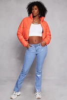 Womens Daisy Faux Leather Puffer Jacket, Orange, Size M
